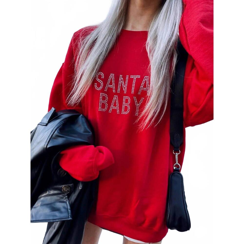 NEW DISTRESSED VINTAGE COUTURE santa baby sweatshirt in red/rhinestone